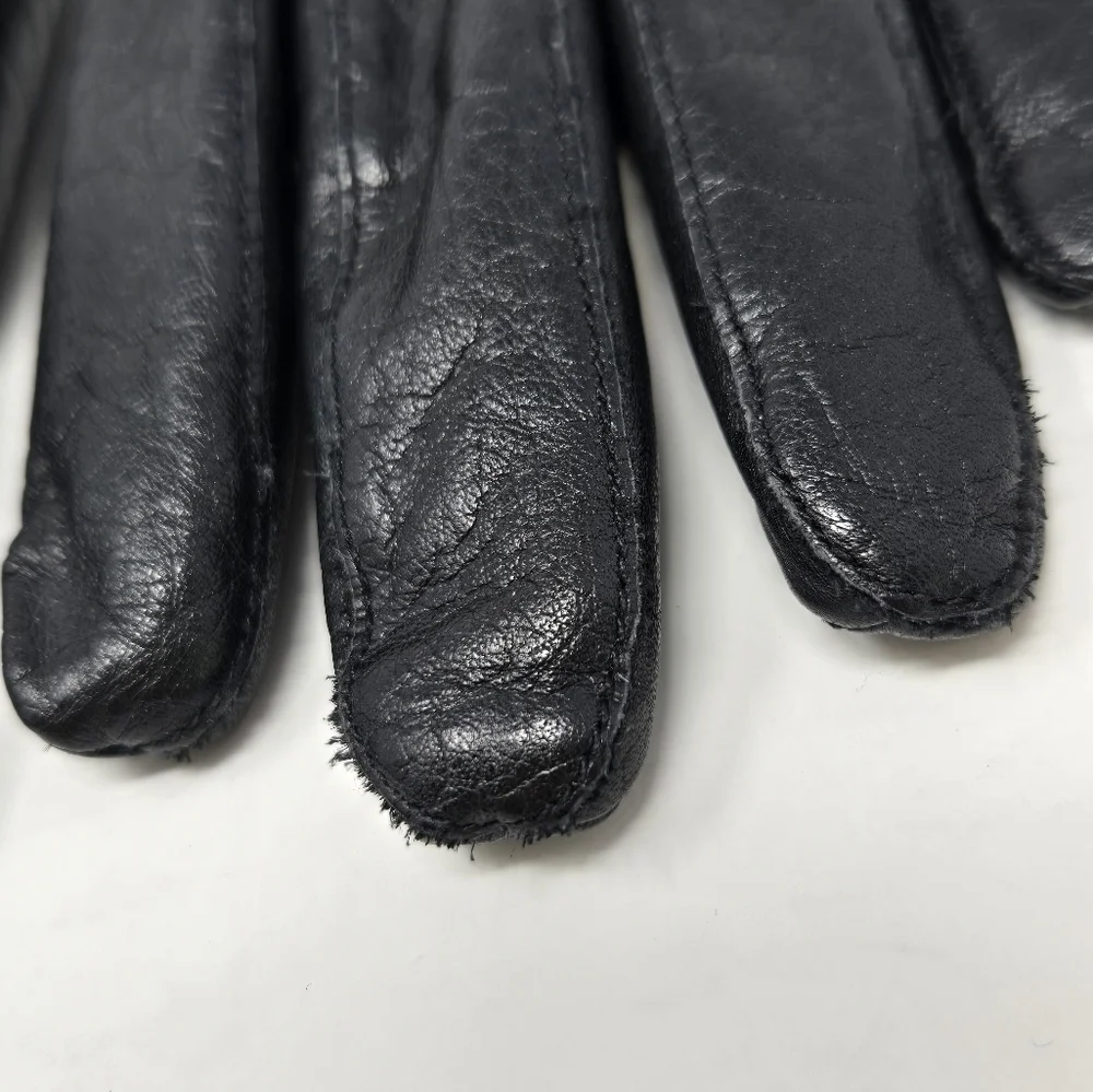 VINTAGE BLACK LEATHER GLOVES SET OF 2 GATES FLEECE LINED FAUX FUR TRIM WOMEN OS